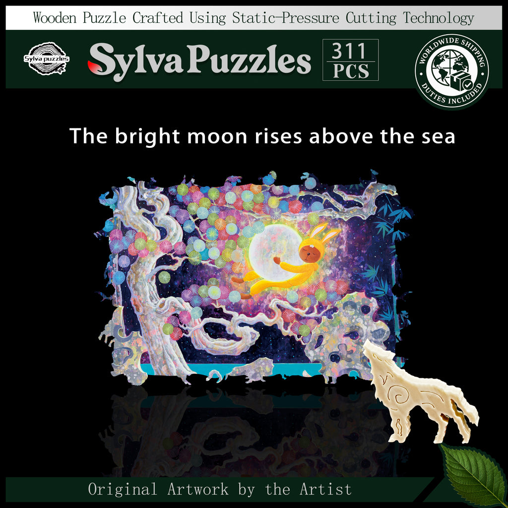 The bright moon rises above the sea